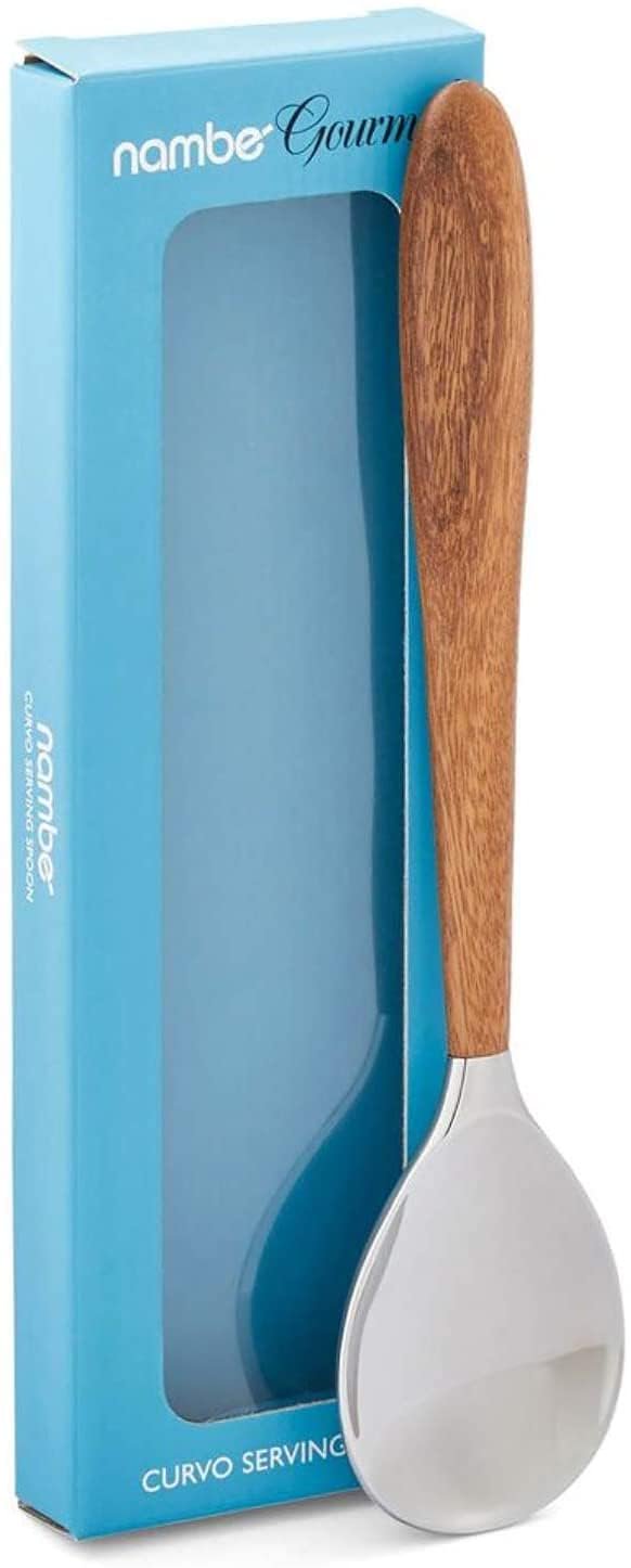 Nambé Curvo Serving Spoon | Stainless Steel & Acacia Wood | 13"L