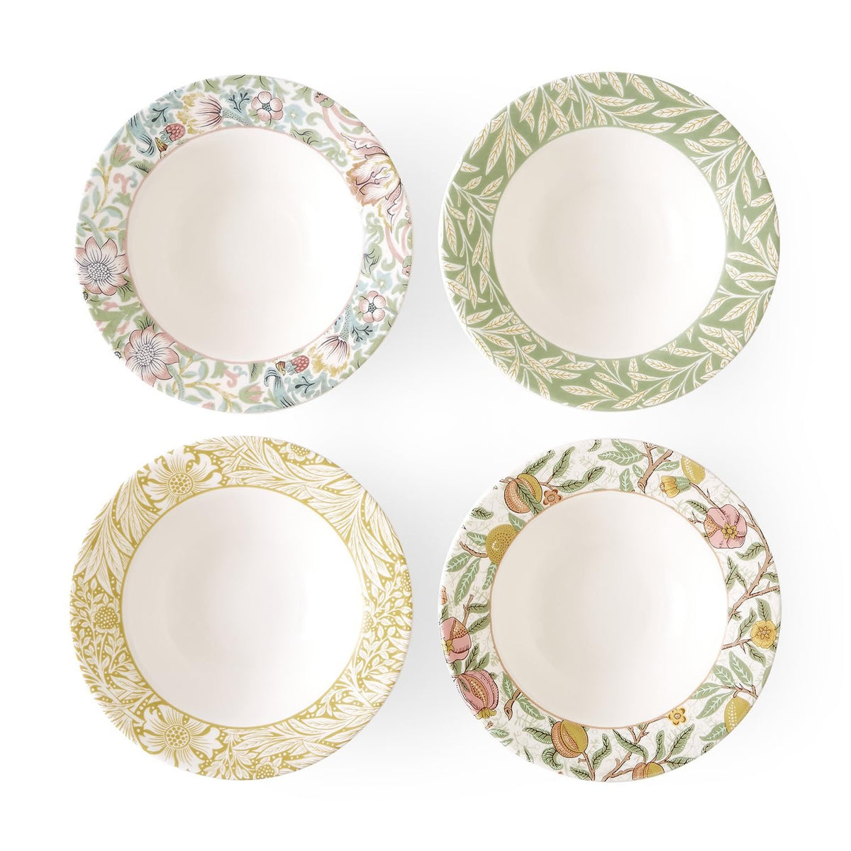 Spode Morris & Co Cereal Bowl | Set of 4 Bowls with Assorted Design for Fruit, Acai and Desserts | 7.5 Inch Bowls made of Fine Earthenware | Microwave and Dishwasher Safe | Made in England