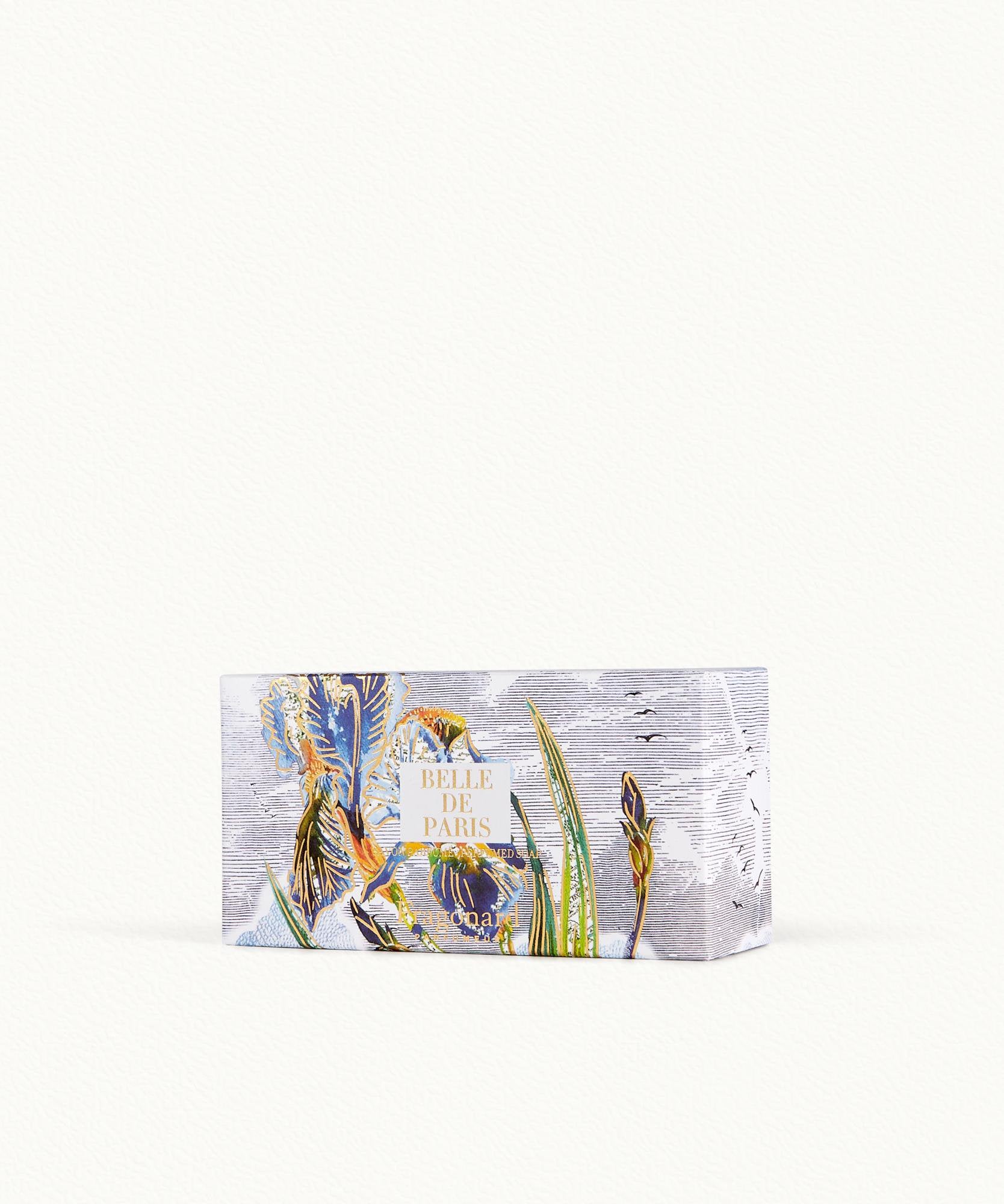 Fragonard Belle de Paris 150g soap close-up iris embossing Grasse France