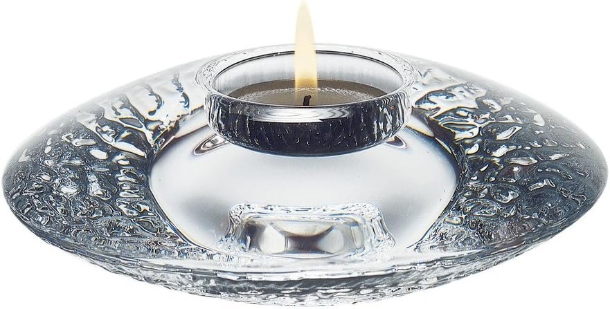 Orrefors Discus Clear Votive Large styled with lit tealight candle