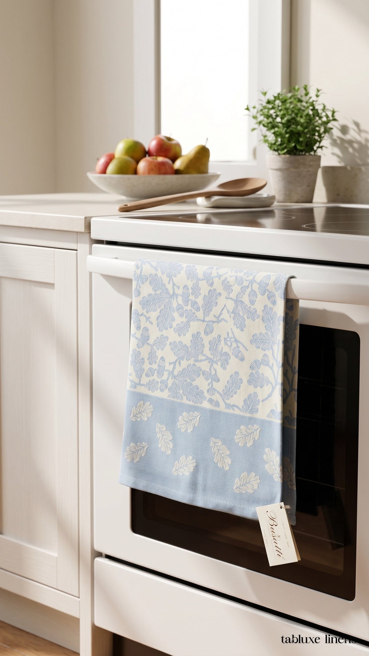 Busatti Rovere Light Blue tea towel styled in a bright home kitchen
