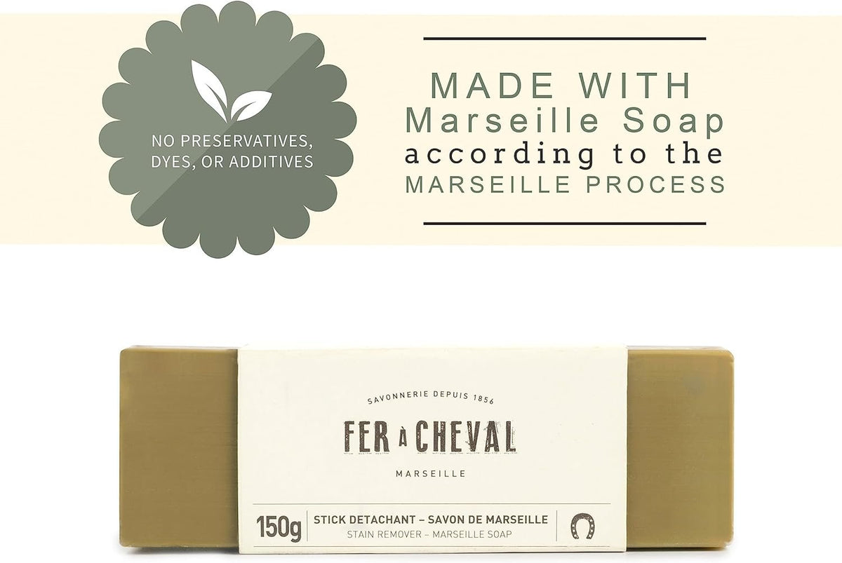 Fer à Cheval Hypoallergenic Stain Remover Soap Bar, Laundry Bar Soap Savon De Marseille Stain Remover Stick, 2 Pack 150g