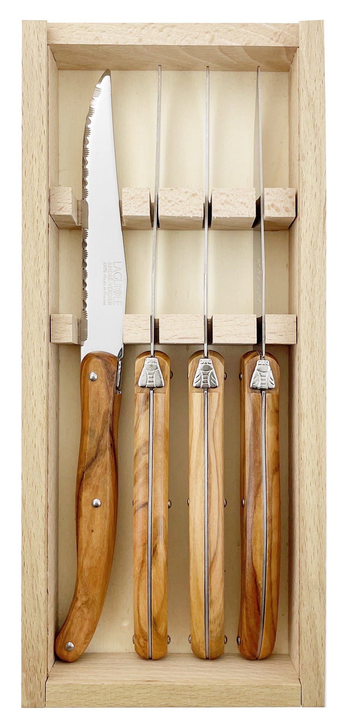 Laguiole Andre Verdier 4 Steak Knives "Debutant Country" Stainless Steel and Olivewood Handle in Box