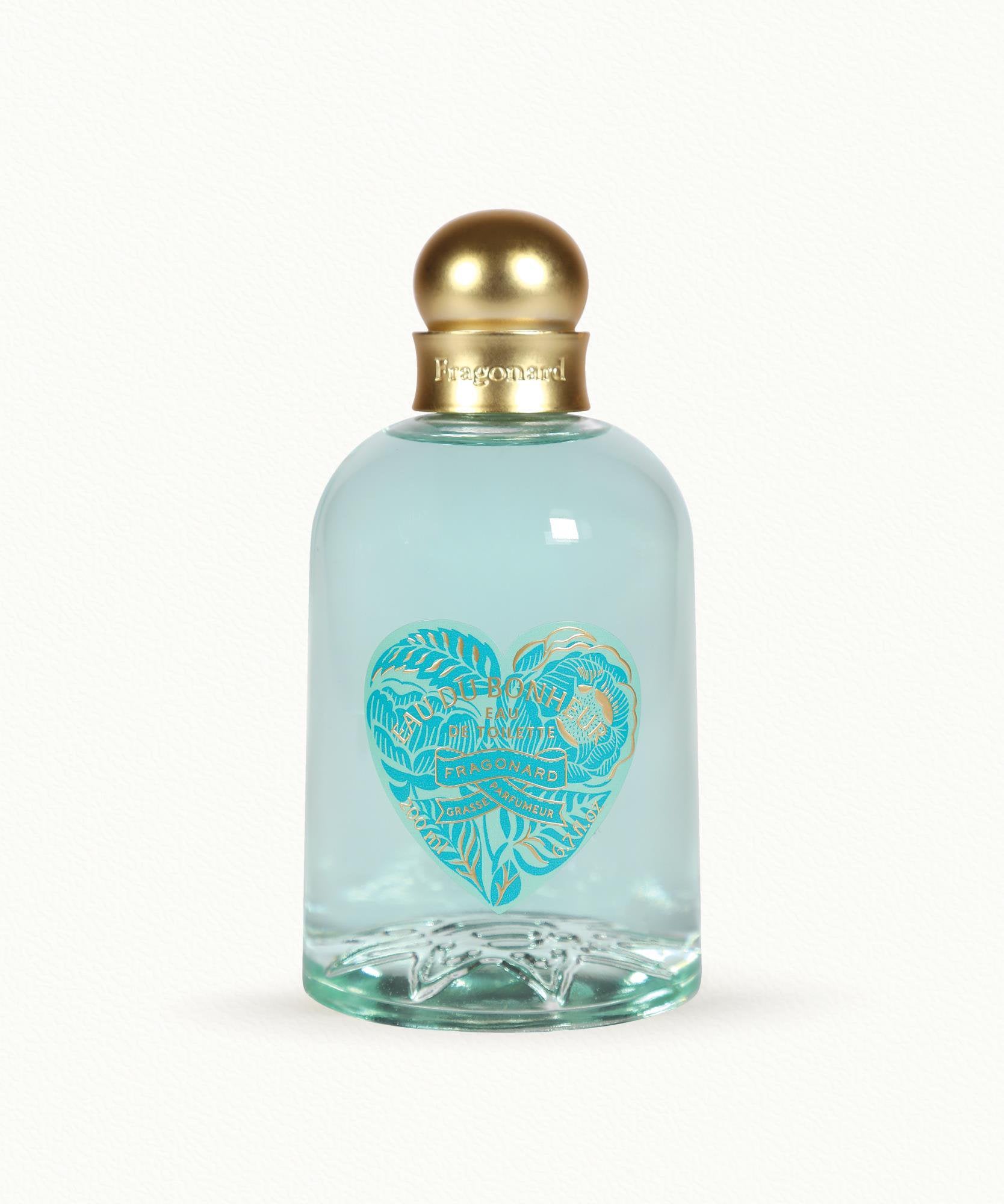 Fragonard Eau du Bonheur 200ml EDT sky blue bottle close-up Grasse France