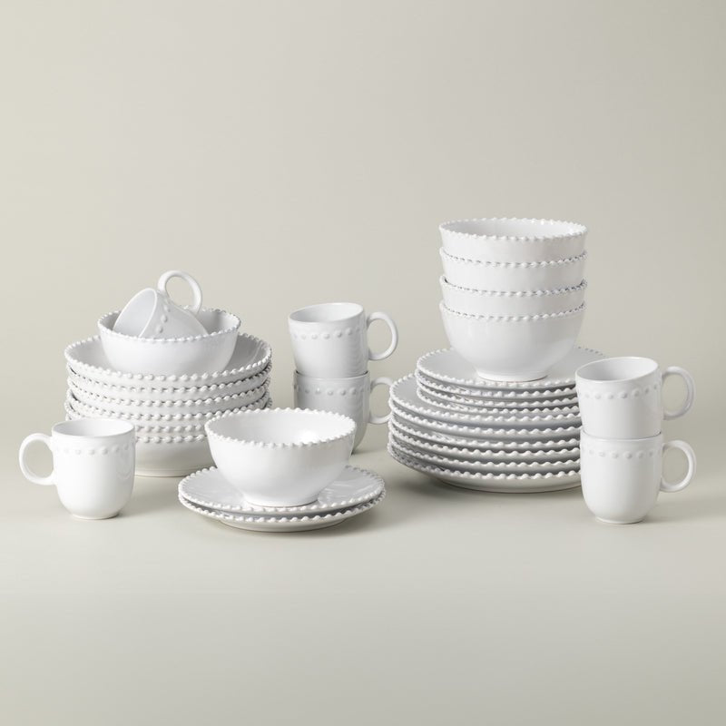 Costa Nova Pearl 30-Piece Dinnerware Set, Fine Stoneware Dishes for 6, Glossy White with Hand-Finished Pearl Rim, Made in Portugal