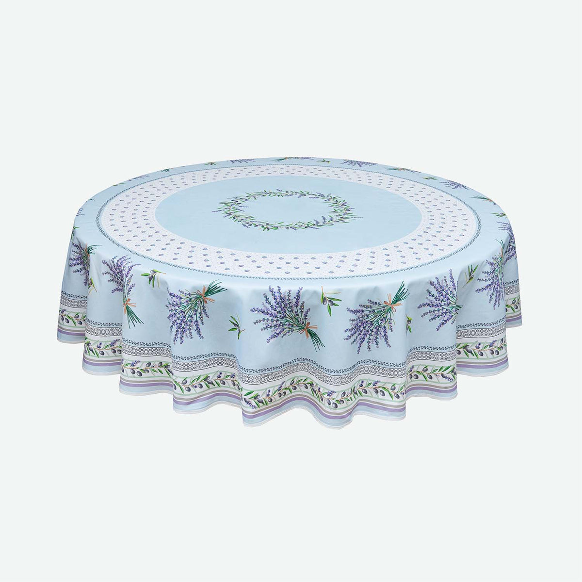 Round French Provencal Tablecloth Lauris Blue, 70"D, Luxury Easy Care Stain Resistant, Acrylic Coated 100% Cotton