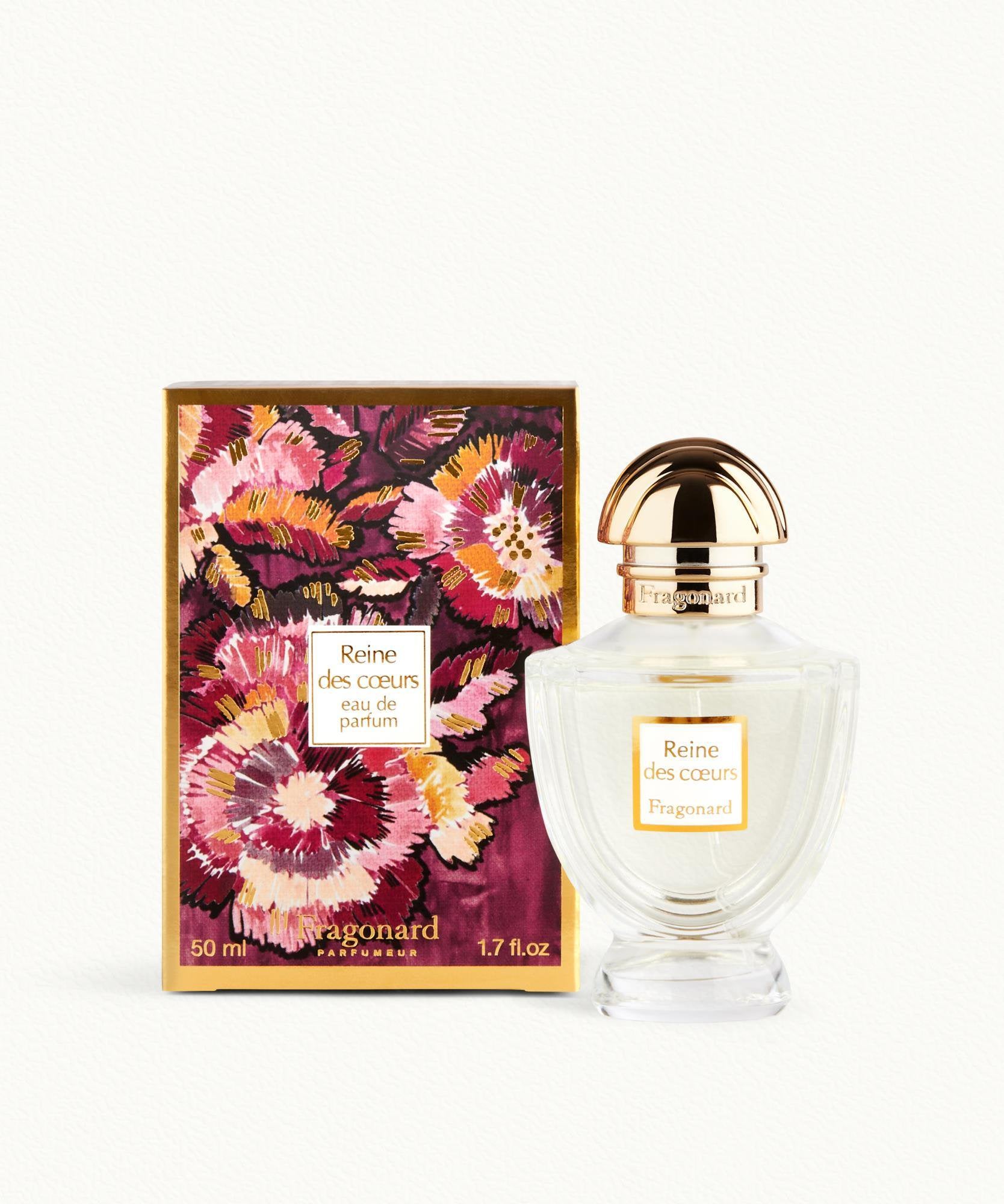 Fragonard Reine des Coeurs Eau de Parfum 50ml bottle with prestige gift box on white background