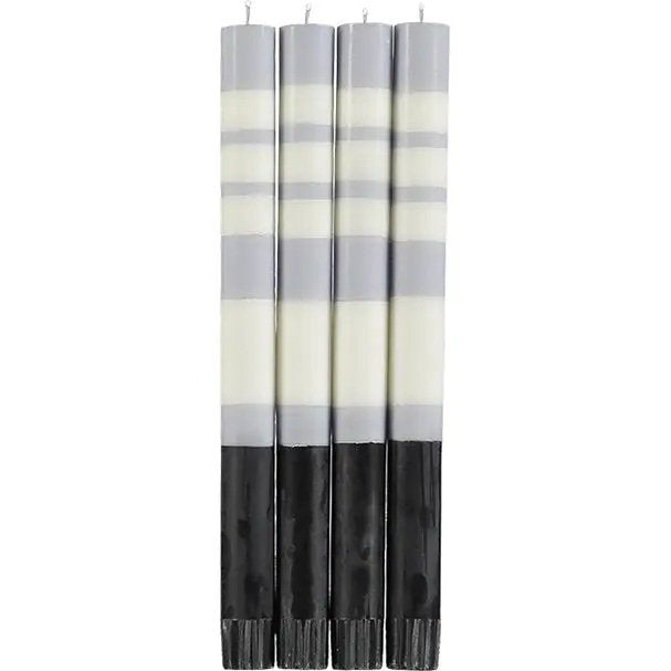 British Colour Standard striped dinner candles mixed pack of 4 in archival black and gray tones – 10 inch hand-poured stearin wax