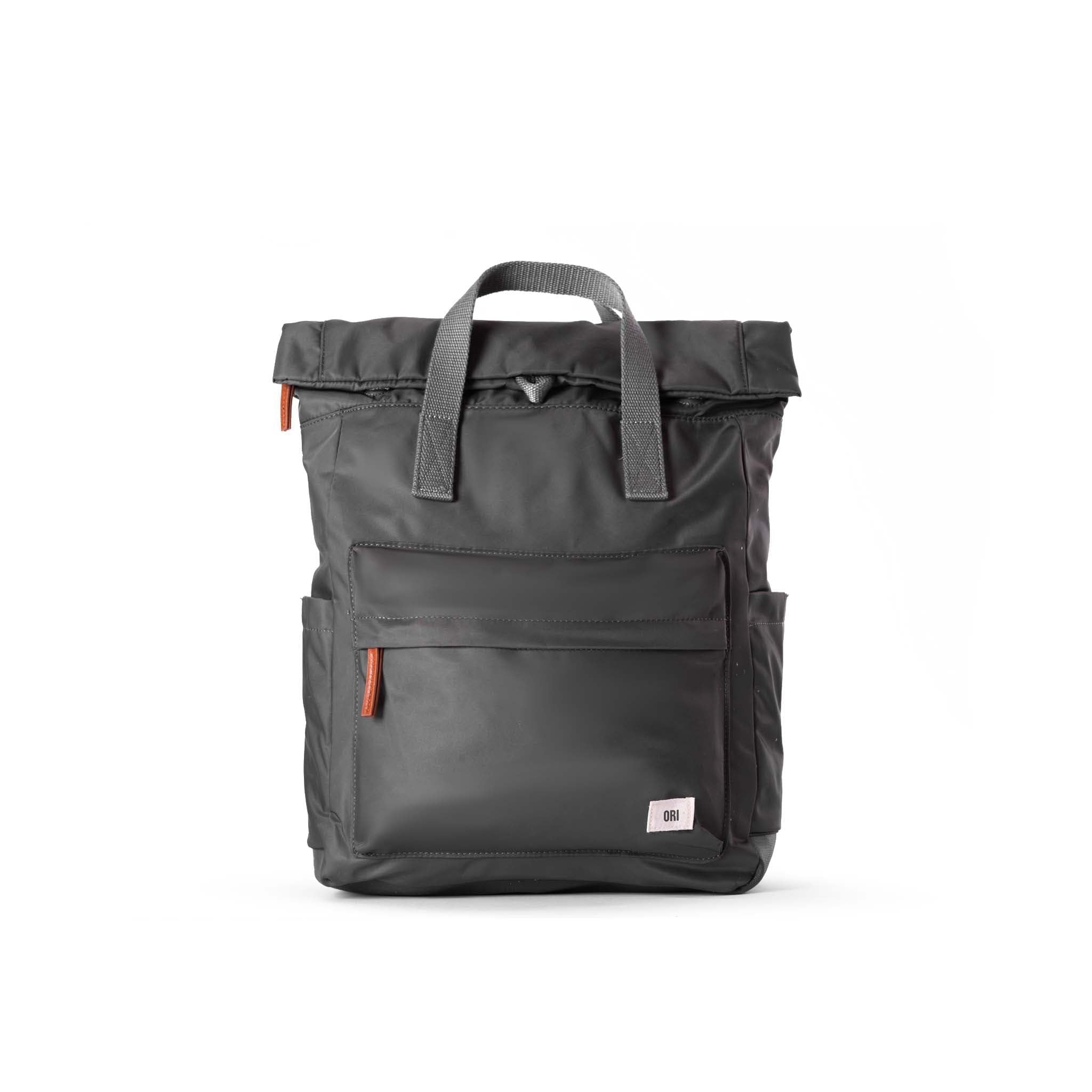 ORI London Canfield B backpack in graphite recycled nylon with roll-top and front pocket