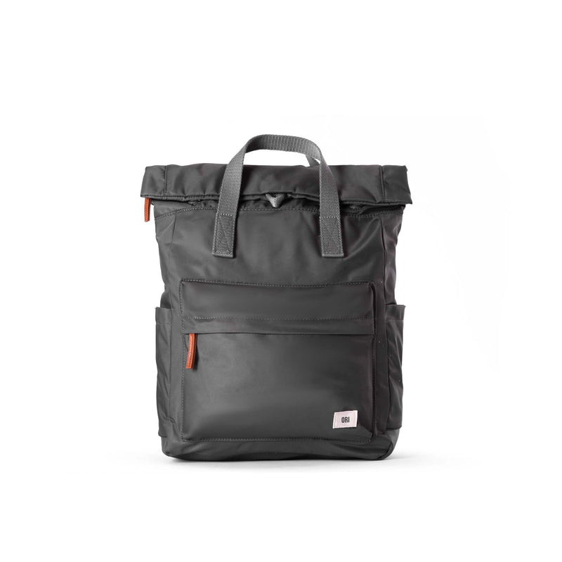 ORI London Canfield B backpack in graphite recycled nylon with roll-top and front pocket