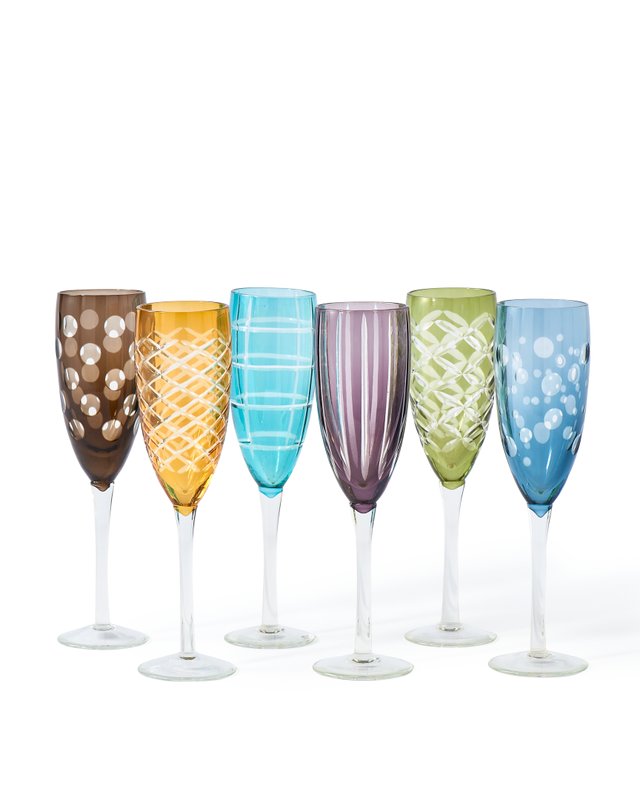 Pols Potten Cuttings Multicolor Champagne Flute Glasses – Set of 6 Sandblasted Glassware