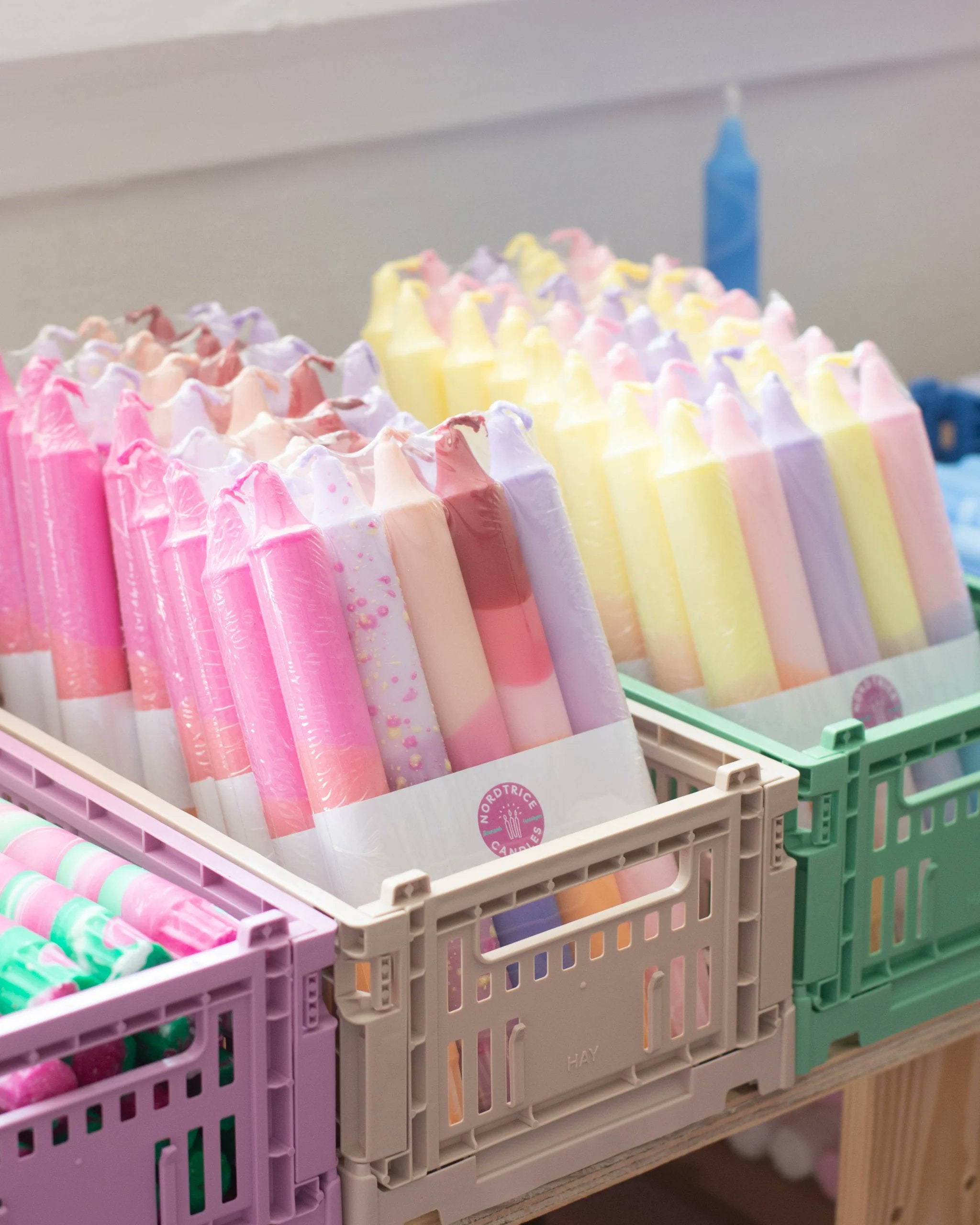 Nordtrice pastel party sunset mix taper candles showing dip-dye and confetti speckle techniques