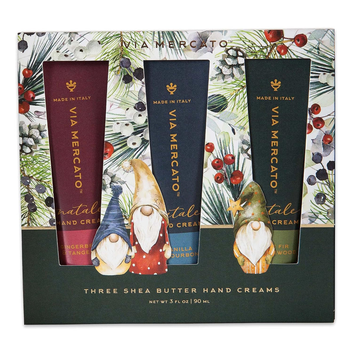 Via Mercato Natale gnomes hand cream gift set 3x30ml vanilla bourbon gingerbread noble fir holiday Italy