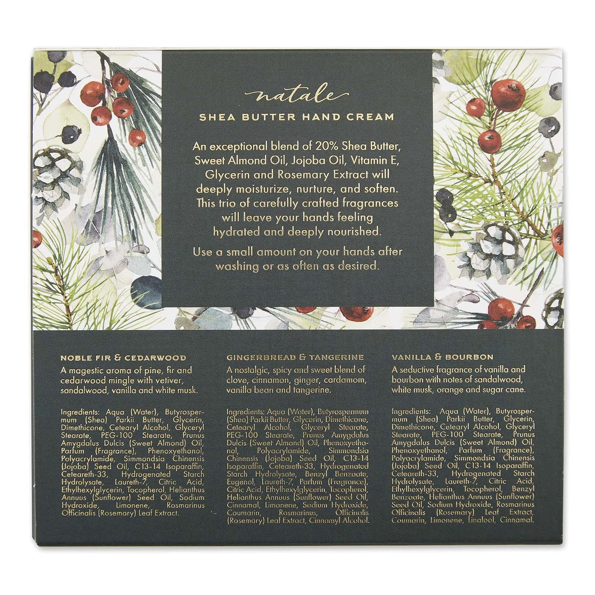 Via Mercato Natale Winter Woods hand cream gift set close-up three tubes shea butter holiday scents
