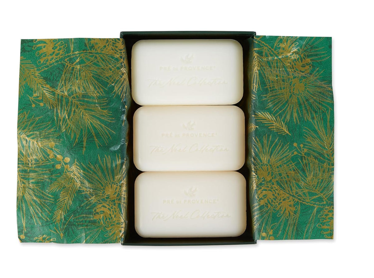 Pre de Provence Noel gift box close-up three soap bars holiday artwork tissue gold sticker packaging
