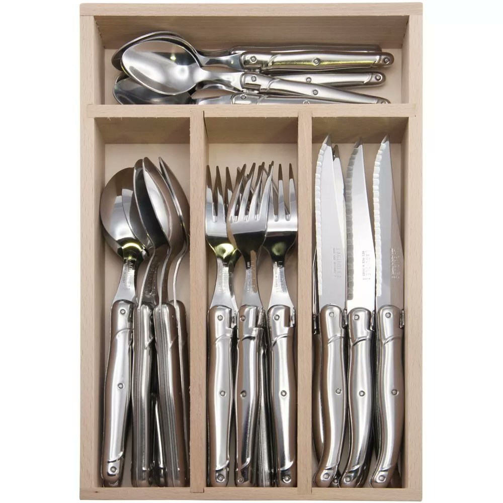 Laguiole Andre Verdier DEBUTANT Inox 20-Piece Flatware Set in Wood-Box Mirror Finish Stainless Steel