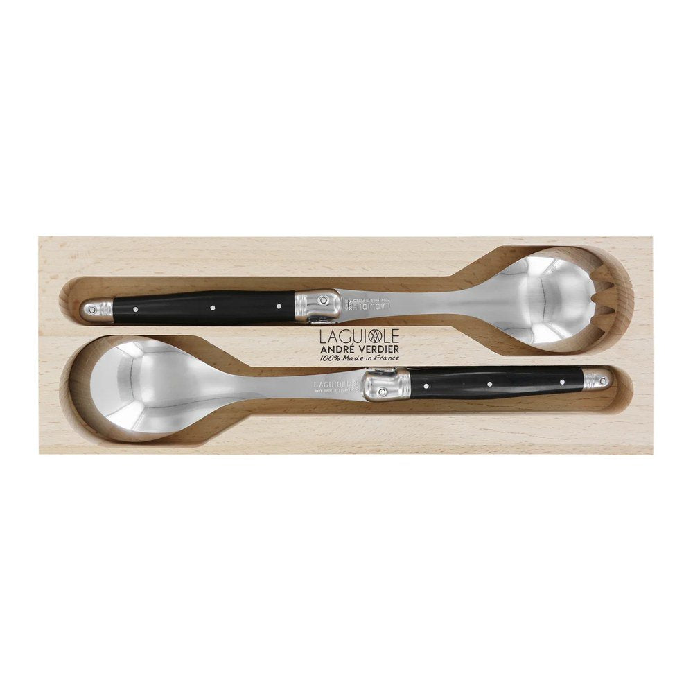 Laguiole black handle salad server set in wooden gift box