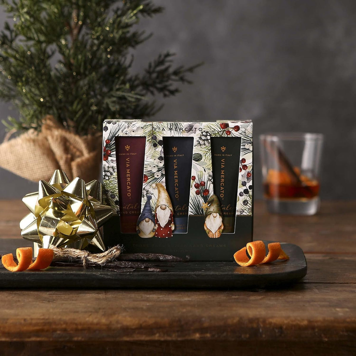 Via Mercato Natale Winter Woods three shea butter hand creams holiday gift box gnome illustration