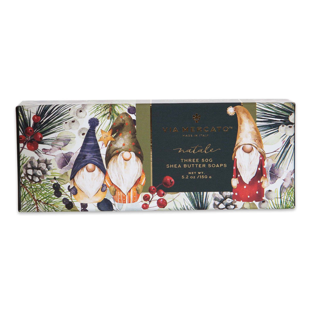 Via Mercato Natale Gnomes shea butter soap gift set 3x50g gingerbread vanilla bourbon noble fir Italy