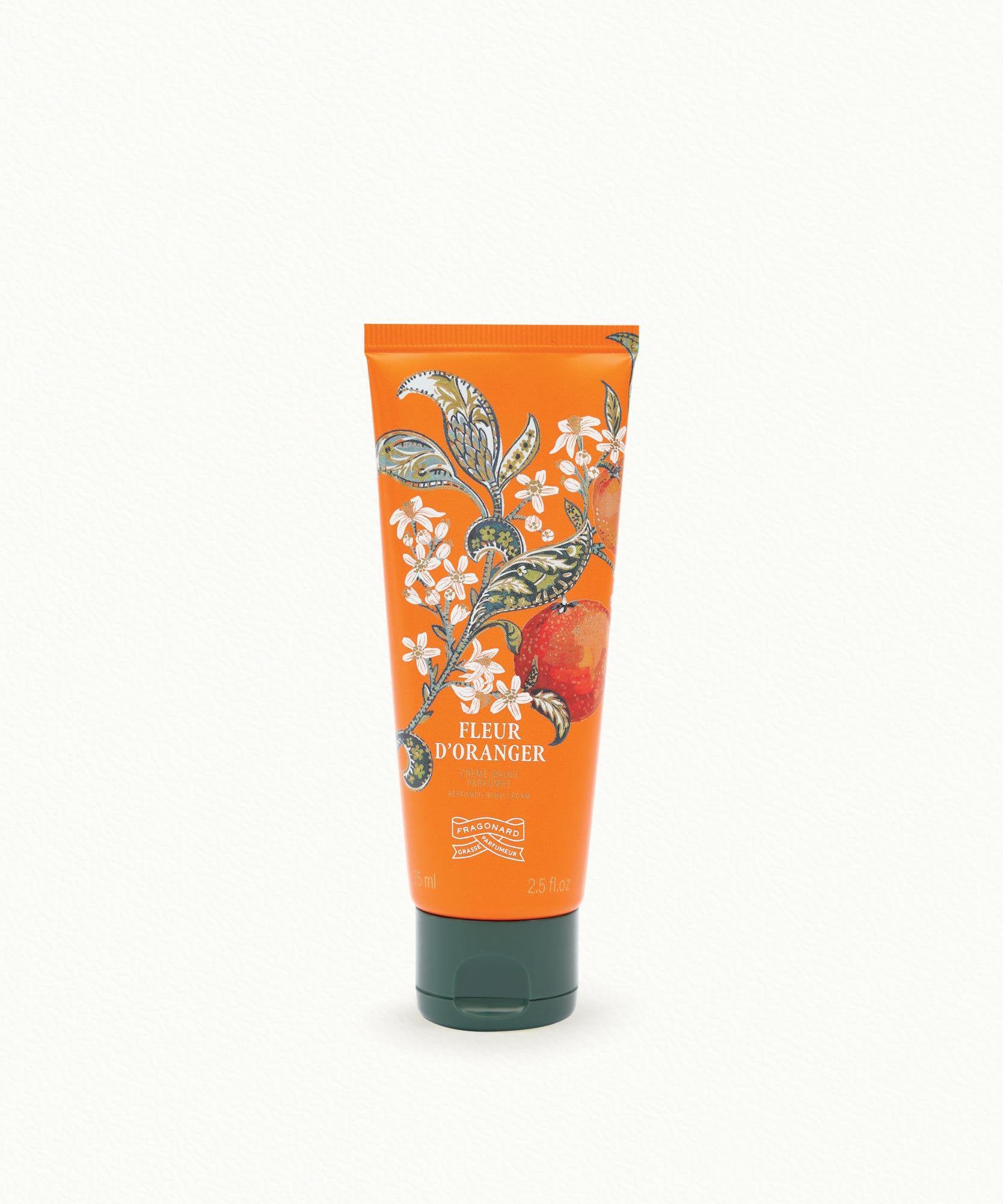 Fragonard Fleur d'Oranger Hand Cream 75ml orange tube with botanical 
orange blossom illustration, made in Grasse France