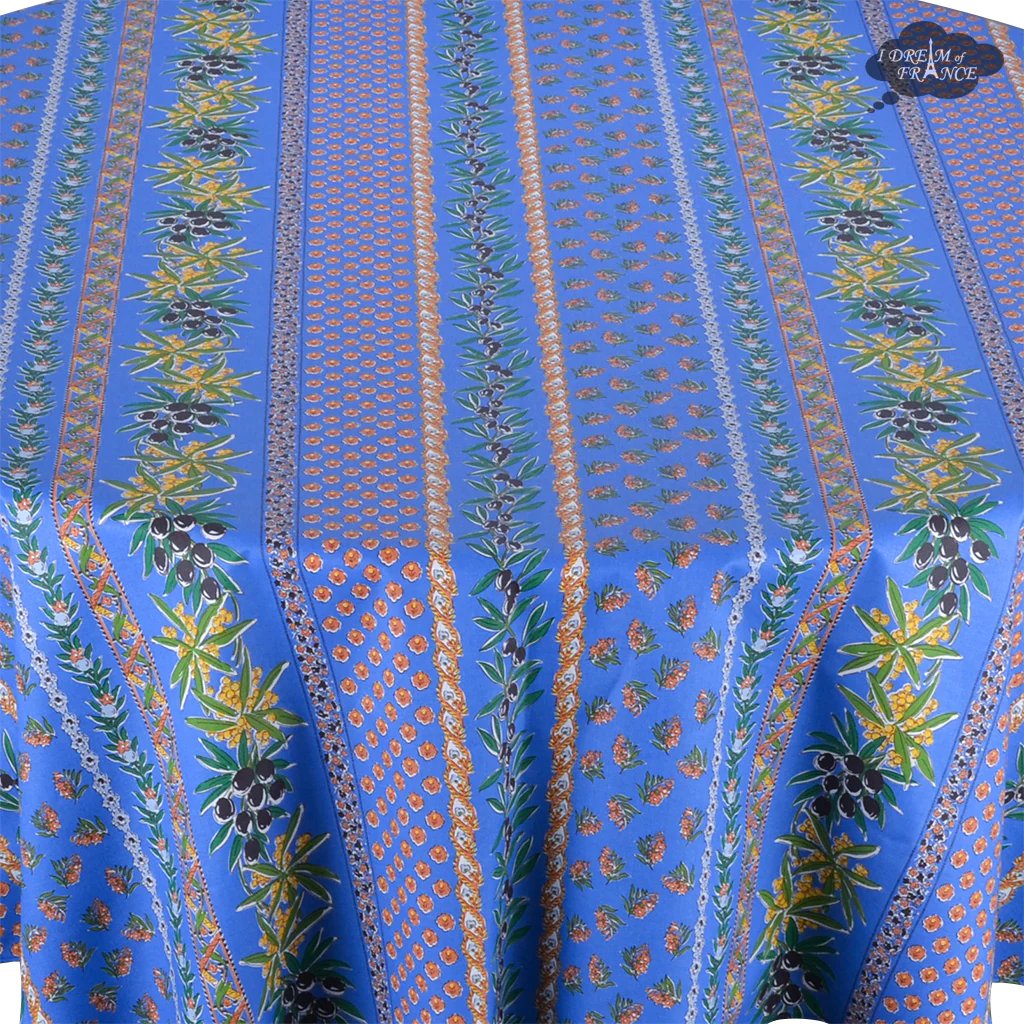 Le Cluny Olives & Mimosa Blue Coated Provencal Tablecloth | Easy-Care Cotton | Multi-Size