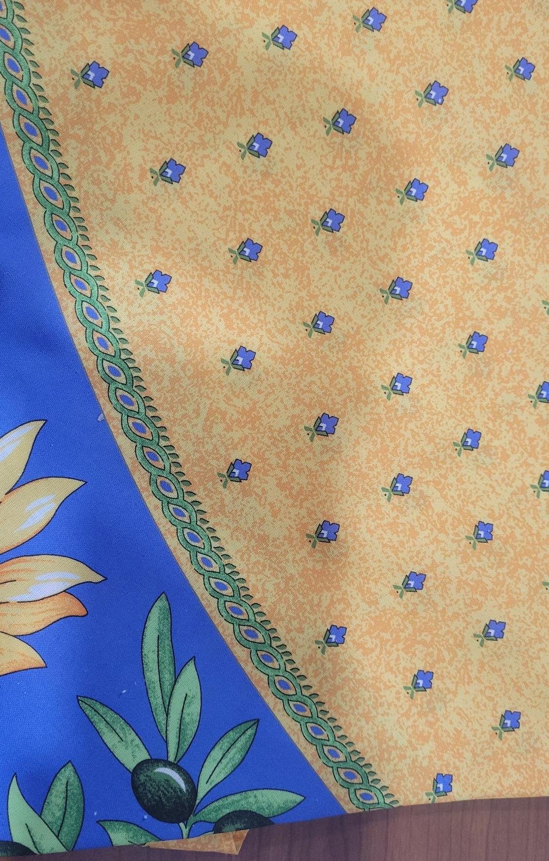 Sunflower Blue & Yellow/Orange Provencal Tablecloth | 70" Round | Easy Care Coated Cotton