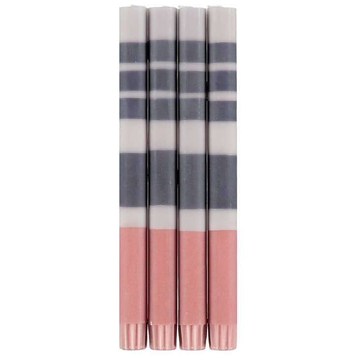 British Colour Standard striped dinner candles mixed pack of 4 in archival pink and gray tones – 10 inch hand-poured stearin wax