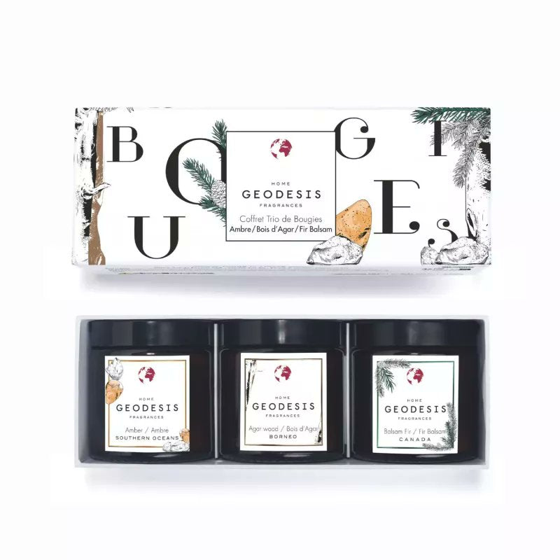 Geodesis scented candle trio gift set - Amber, Agarwood, and Fir Balsam, 3 x 90g