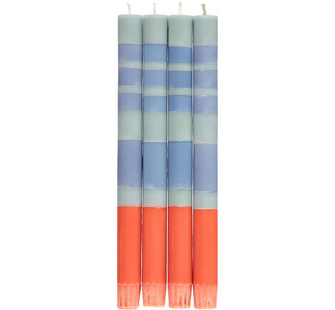British Colour Standard striped dinner candles mixed pack of 4 in archival orange and blue tones – 10 inch hand-poured stearin wax