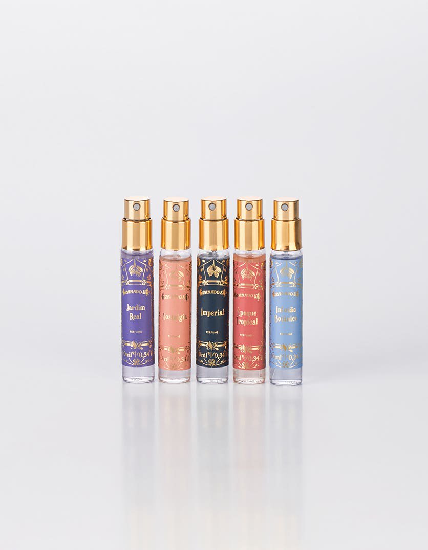 Granado Tropical Birds EDP discovery set styled on vanity table Brazilian vintage fragrance