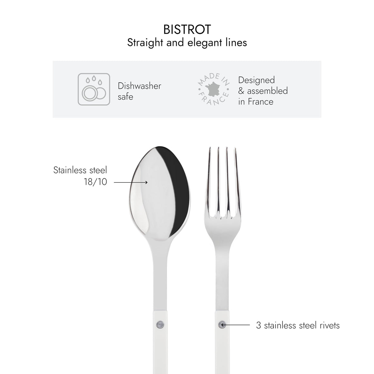 sabre Paris Bistrot serving set features: stainless steel, riveted white handles