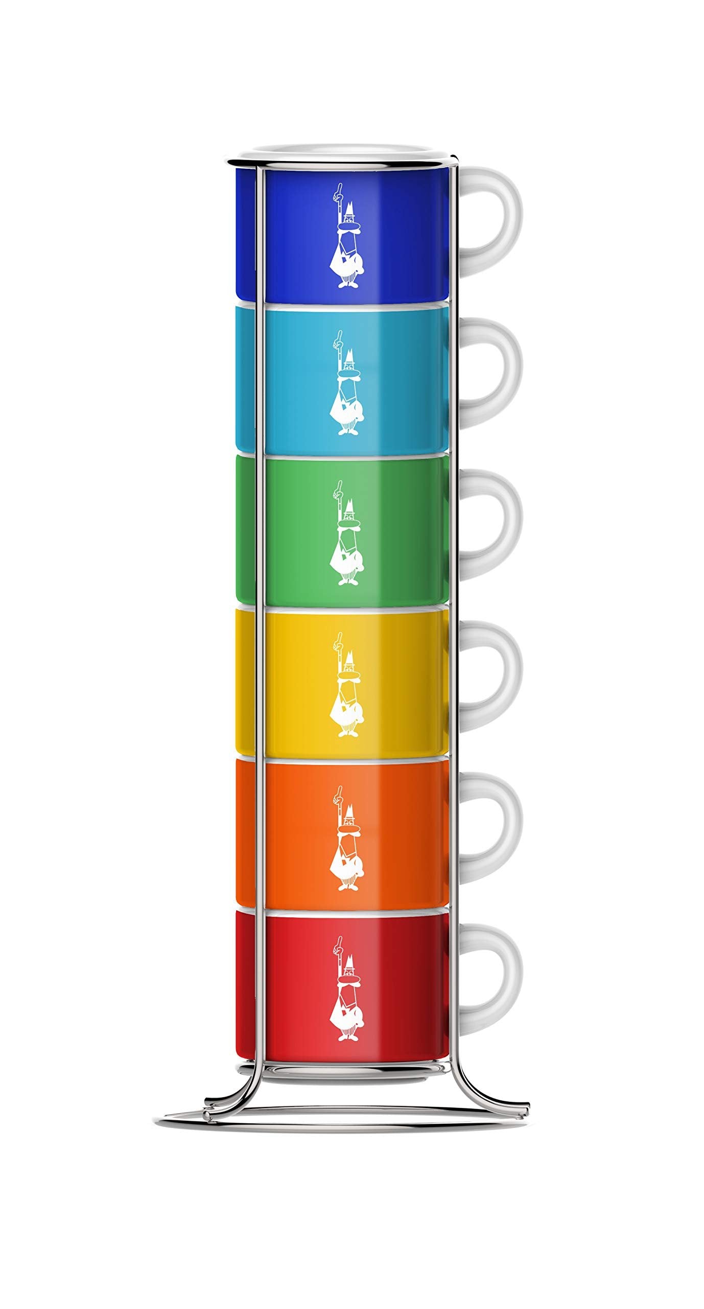 Bialetti Stackable Multicolor porcelain espresso cups set of 6 Little Man rainbow colors on white background