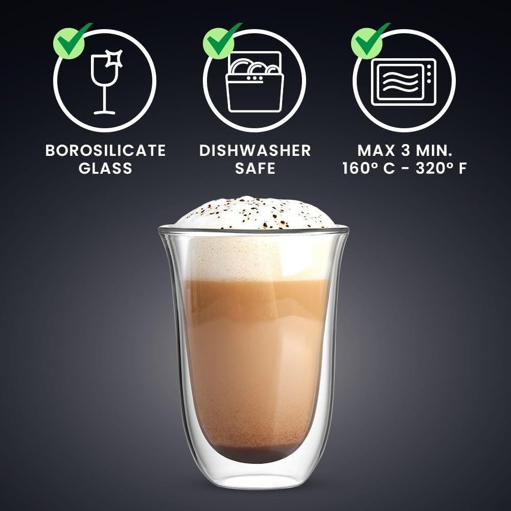 Bialetti Firenze double wall latte glasses 300ml styled with latte coffee on counter