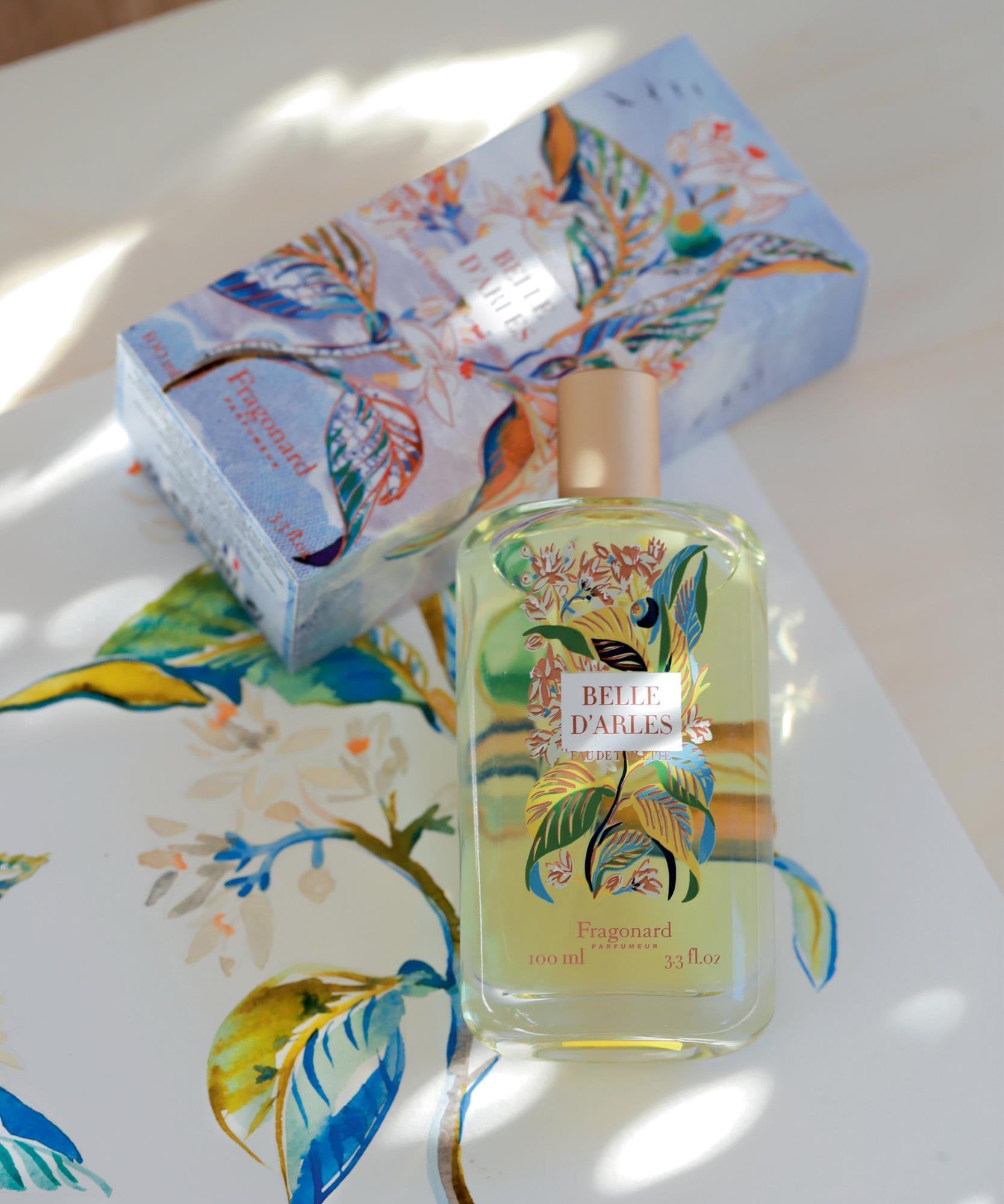 Fragonard Belle d'Arles 100ml Eau de Toilette flat lay with orange blossom