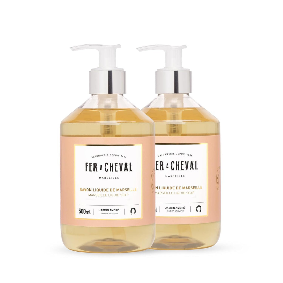 Fer a Cheval Marseille Liquid Soap Set of 2 Colorful Label Bottles Marble Counter Styled