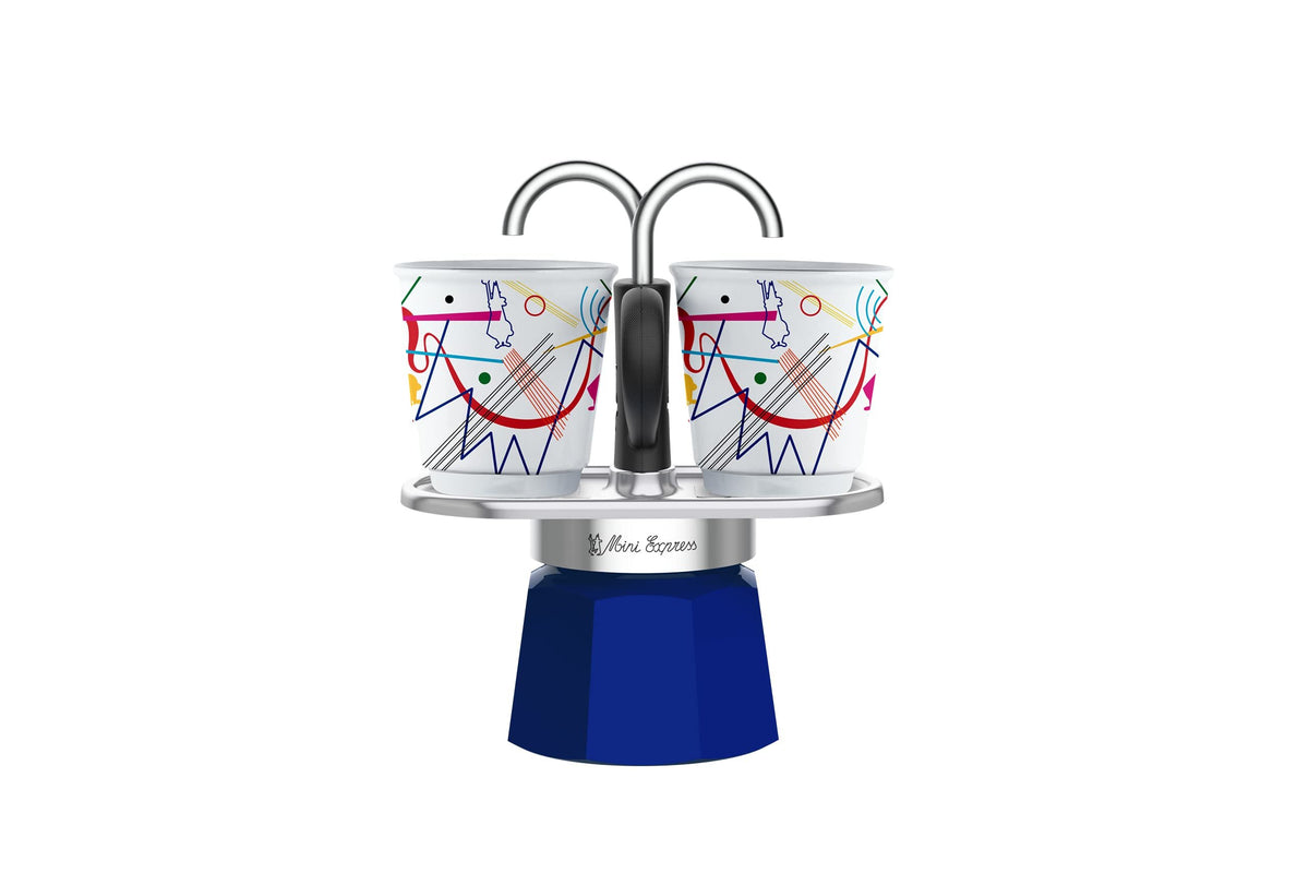 Bialetti Mini Express Kandinsky Moka Set – 2 Cups + 2 Shot Glasses (Light Blue)