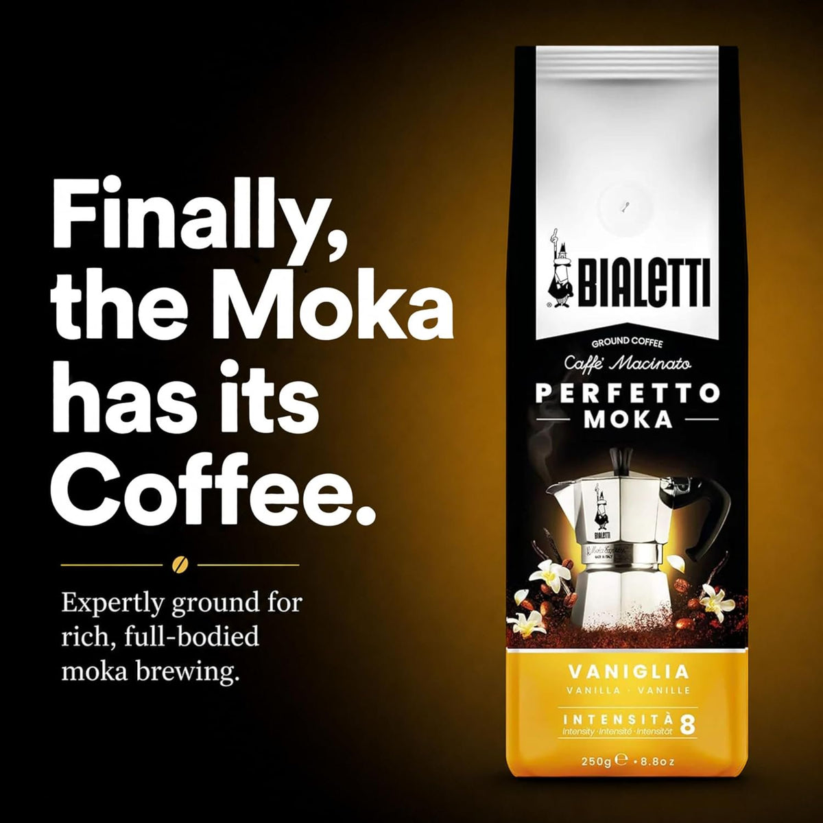 Bialetti Perfetto Moka Vanilla Ground Coffee Medium Roast 8.8oz Aroma-Saving Valve