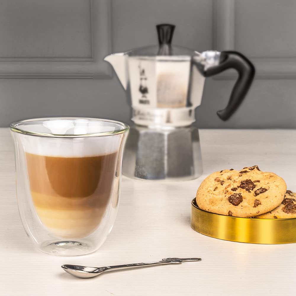 Bialetti Firenze double wall glass cups set of 2 styled on coffee counter Italian espresso ritual