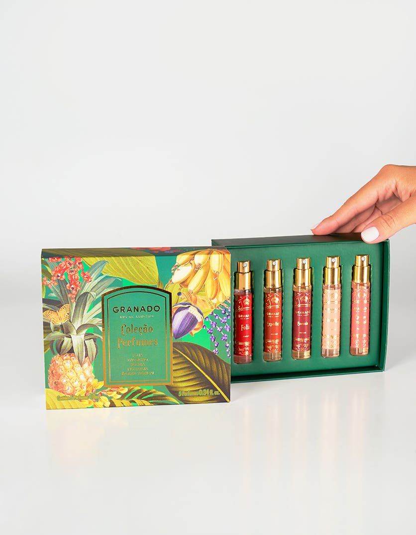 Granado Tropical Exuberance EDP discovery set styled on vanity table Brazilian fragrance