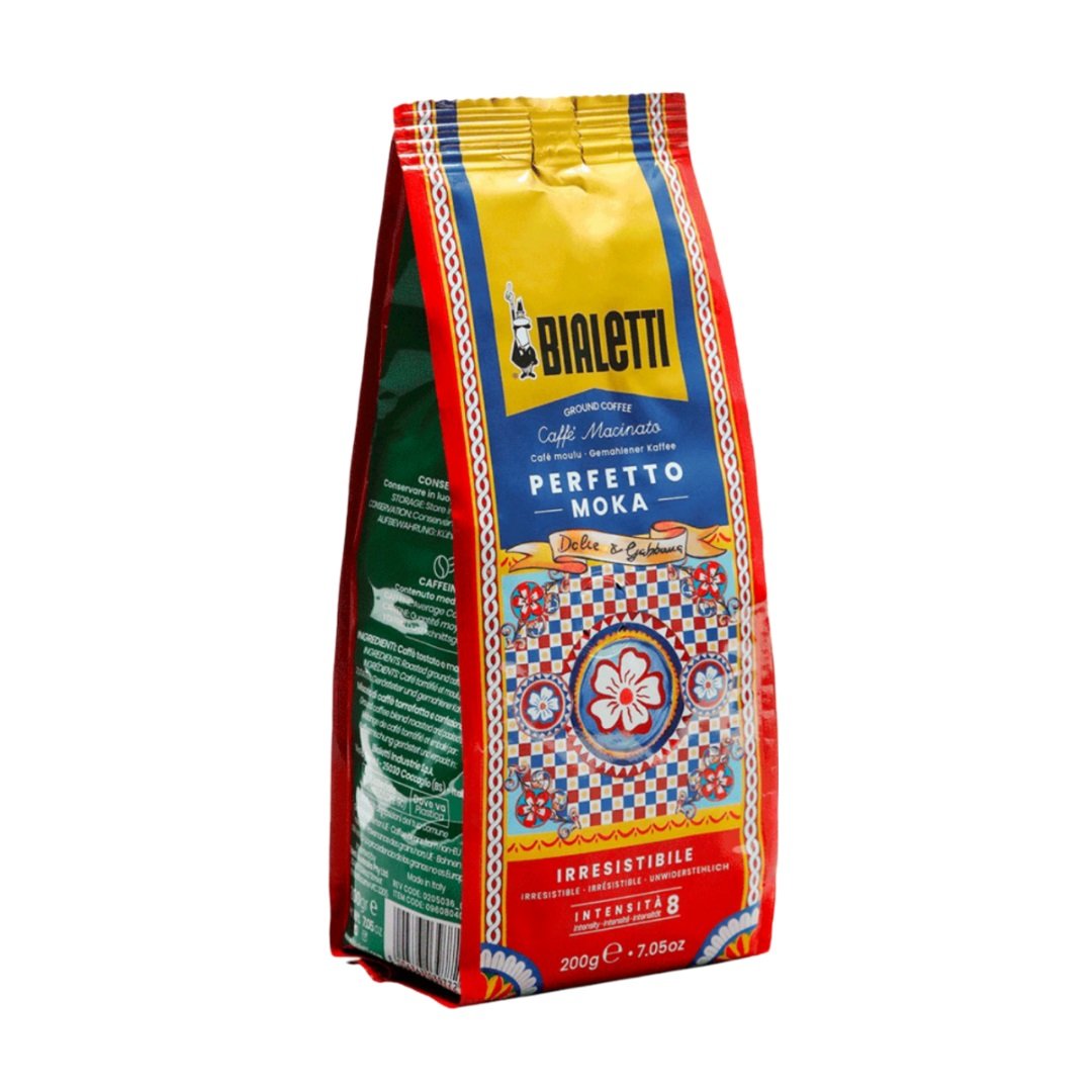 Bialetti x Dolce Gabbana Perfetto Moka Irresistibile coffee tin styled on kitchen counter – limited edition Italian ground coffee gift