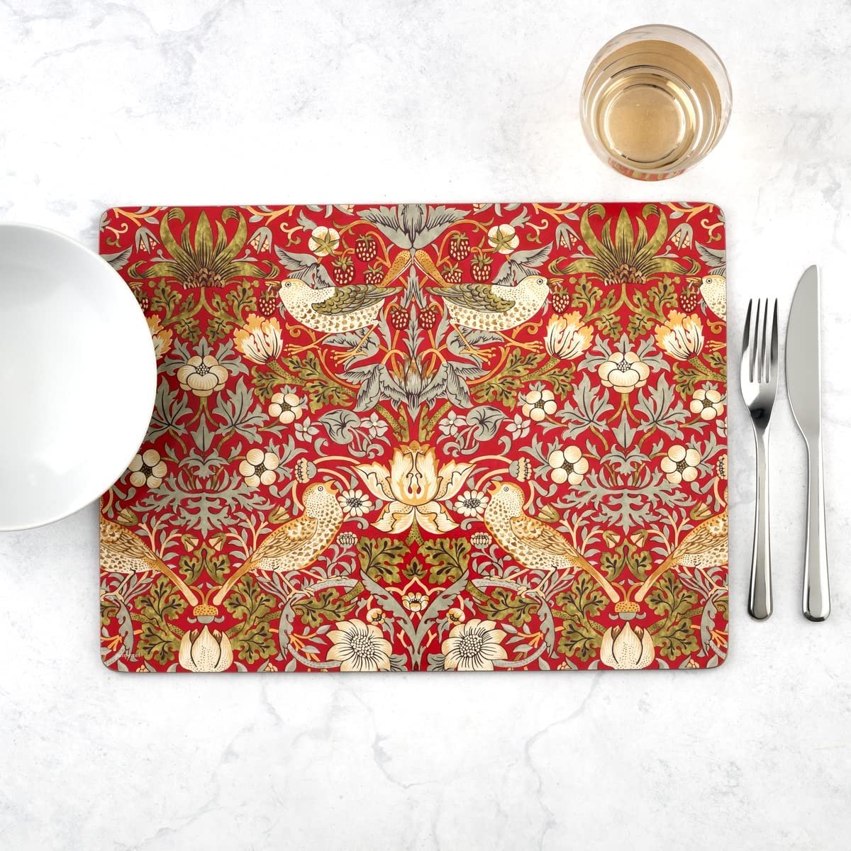 Pimpernel Morris & Co Strawberry Thief Red Collection Placemats | Set of 4 | Heat Resistant Mats | Cork-Backed Board | Hard Placemat Set for Dining Table | Measures 15.7” x 11.7”