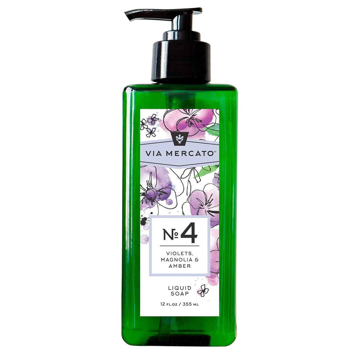Via Mercato No.4 liquid hand soap 12oz violet magnolia amber shea butter Italy green pump bottle