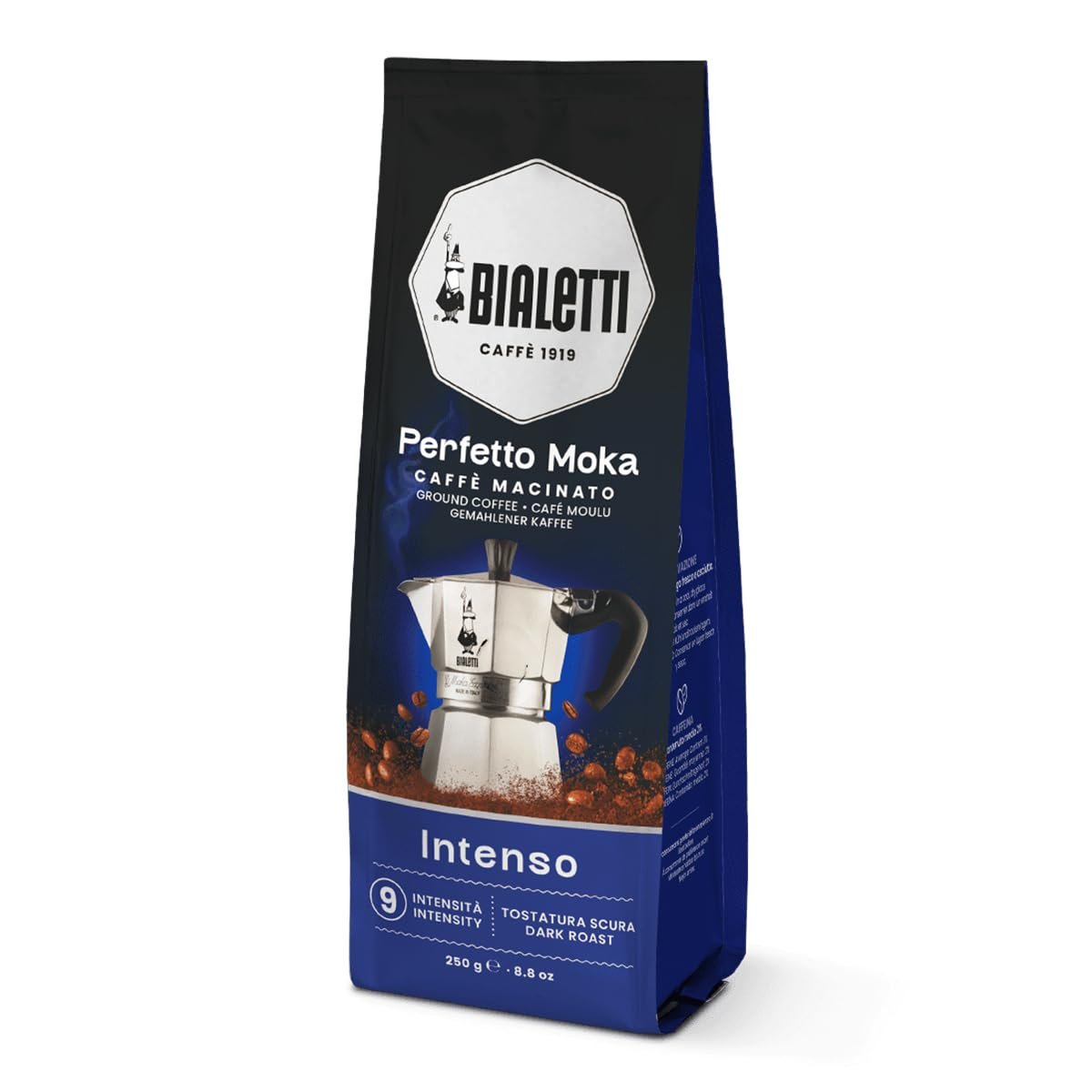 Bialetti Perfetto Moka ground coffee 8.8oz four flavors classico intenso cioccolato nocciola aroma valve