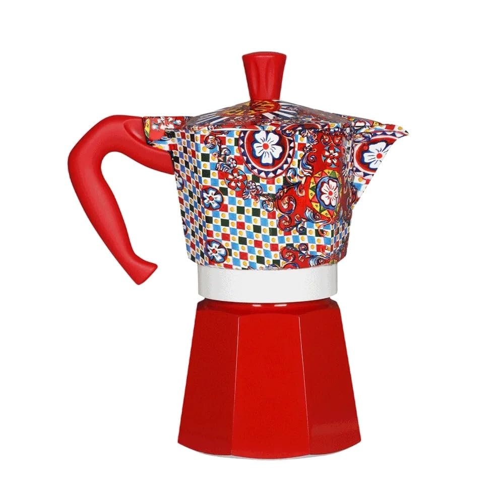 Bialetti Dolce Gabbana Sicilian Cart Moka Express styled on kitchen counter – collector's edition Italian espresso maker