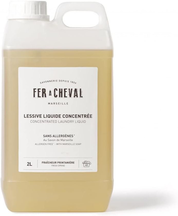 Fer a Cheval Concentrated Laundry Liquid, Allergen Free with Marseille Soap Laundry Detergent Liquid, Organic Washing Detergent Laundry Soap, Fresh Spring, 67.6 Fl oz/2 Liters