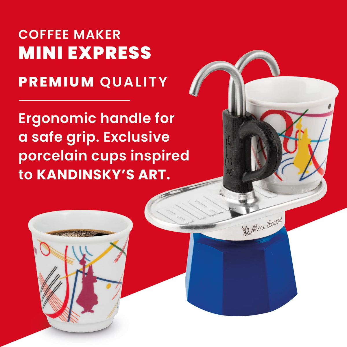Bialetti Mini Express Kandinsky Moka Set – 2 Cups + 2 Shot Glasses (Light Blue)