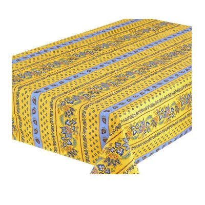 Le Cluny, Lisa Yellow and French Blue, French Provence 100 Percent Coated Cotton Tablecloth, 60 Inches x 84 Inches (60" X 120")