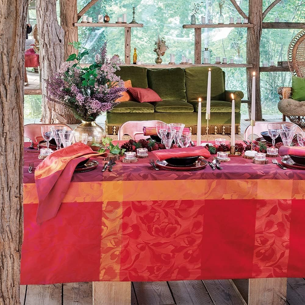 Garnier-Thiébaut Mille Folk Cranberry Jacquard Stain-Resistant Tablecloth