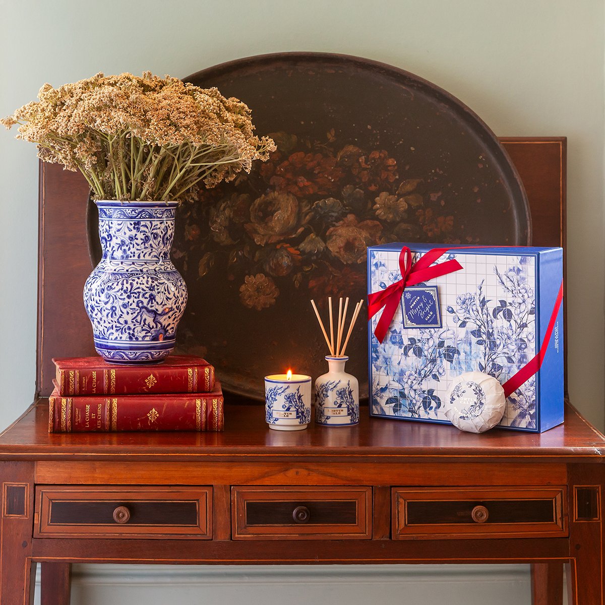 Portus Cale Portuguese gift set arranged on a shelf—ceramic diffuser, 90 g candle, 5.3 oz soap