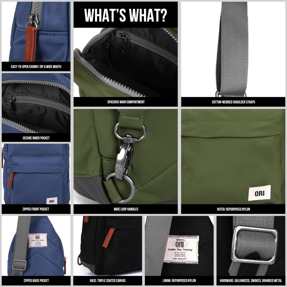 Weather-resistant recycled nylon sling bag with back zip pocket and adjustable strap